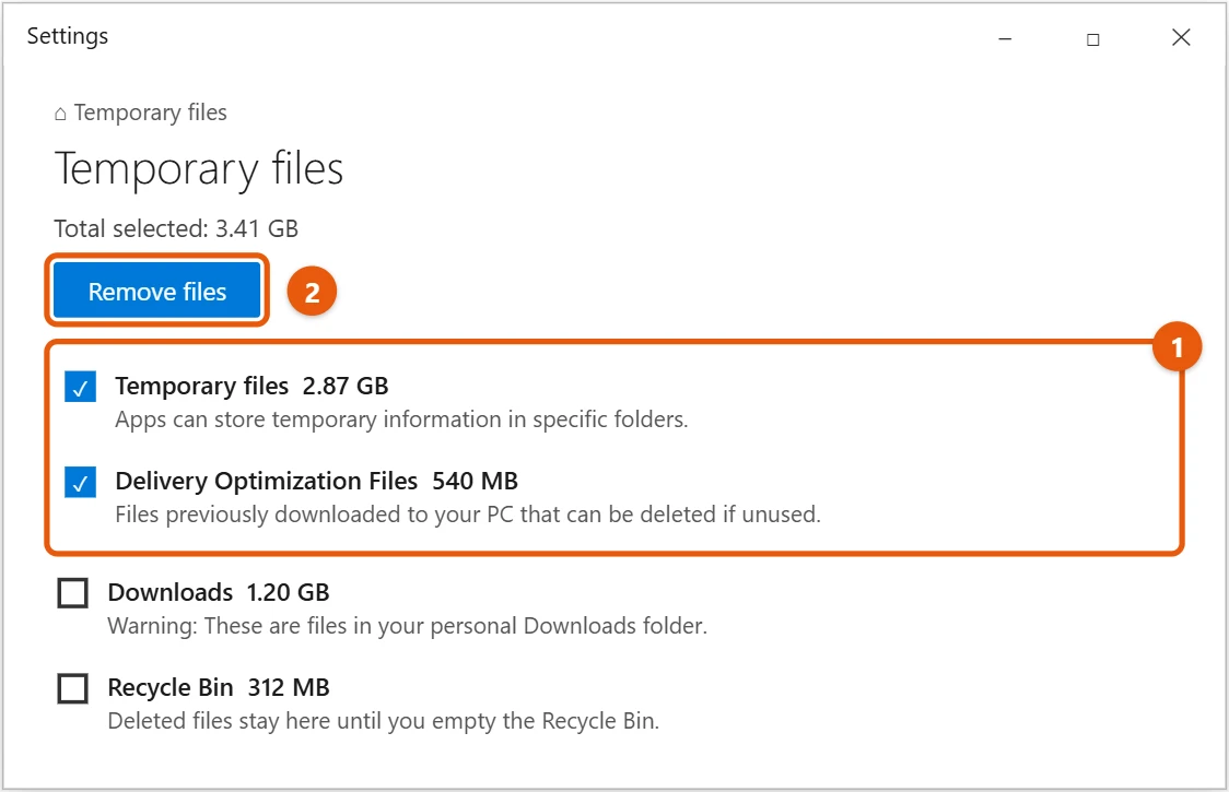 How to Delete Temporary Files in Windows 10 1 Windows 10 Settings Temporary files page with Temporary files and Delivery Optimization Files checked and Remove files highlighted