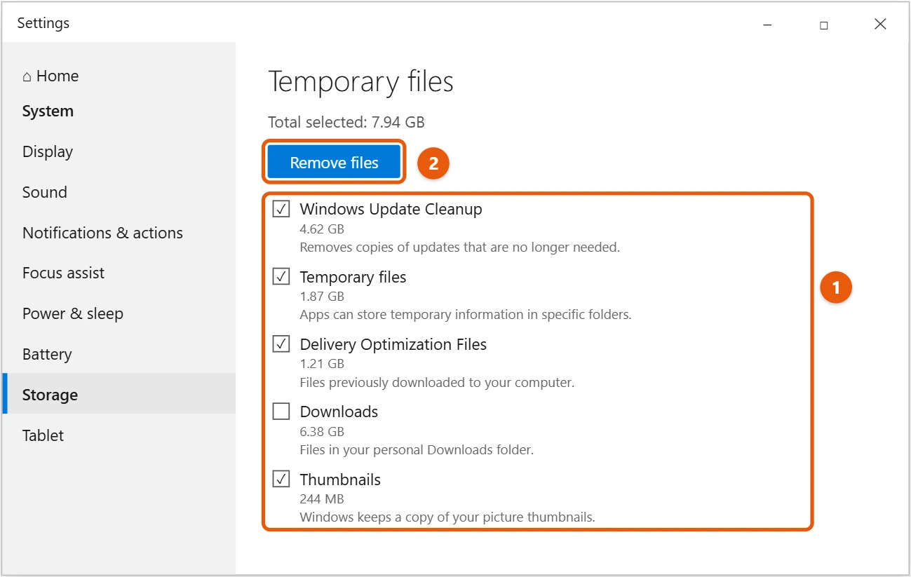 How to Free Up Space on Windows 10 2 Windows 10 Temporary files list in Storage settings with items checked and the Remove files button highlighted
