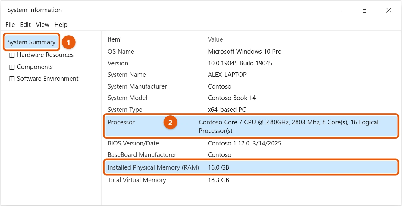 How to Check Your PC Specs in Windows 10 1 Windows 10 System Information window with System Summary selected and the processor and installed memory highlighted