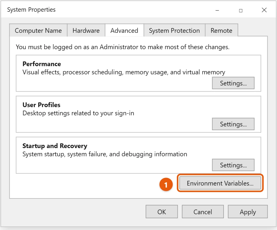 How to Set Environment Variables in Windows 10 1 Windows 10 System Properties Advanced tab with the Environment Variables button highlighted