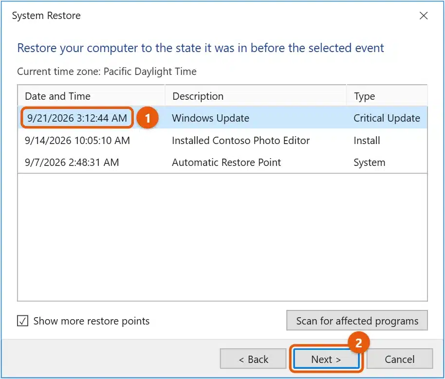 How to Restore Windows 10 to a Previous Date 1 Windows 10 System Restore wizard with a restore point selected and the Next button highlighted