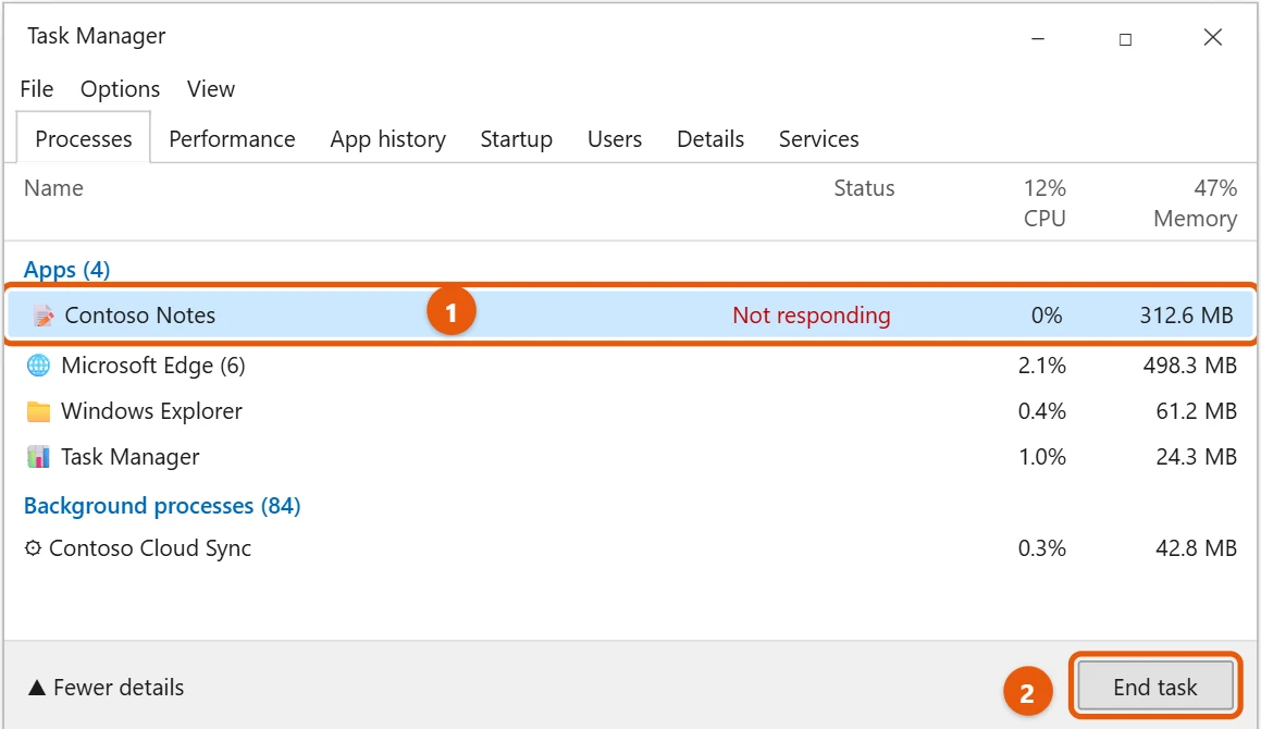 How to Force Close an App in Windows 10 1 Windows 10 Task Manager Processes tab with a not responding app and End task highlighted