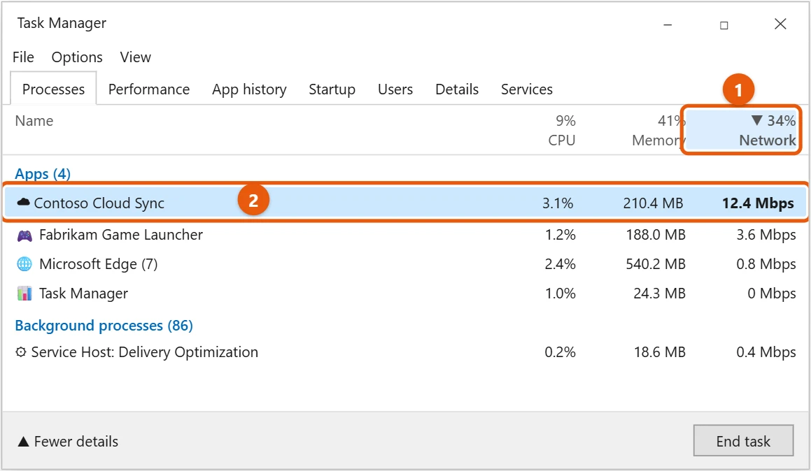 How to Increase Internet Speed in Windows 10 1 Windows 10 Task Manager Processes tab sorted by the Network column with a busy app highlighted