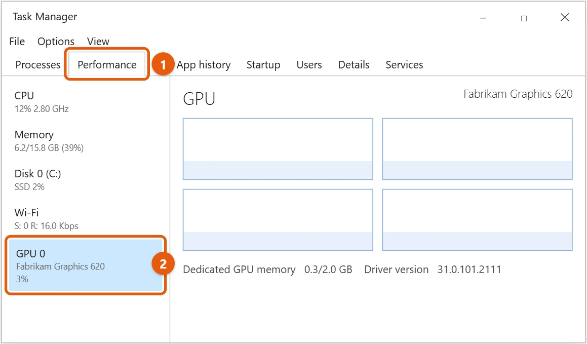 How to Check Your PC Specs in Windows 10 2 Windows 10 Task Manager Performance tab with GPU selected and the graphics card name highlighted