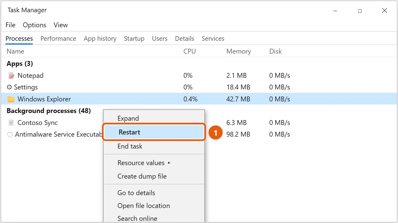 How to Fix a Black Screen in Windows 10 1 Windows 10 Task Manager with Windows Explorer right-clicked and Restart highlighted