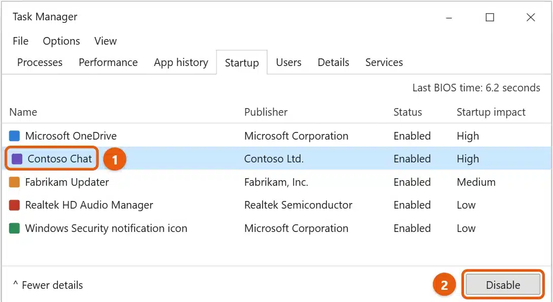How to Change Performance Settings in Windows 10 2 Windows 10 Task Manager Startup tab with an app selected and the Disable button highlighted