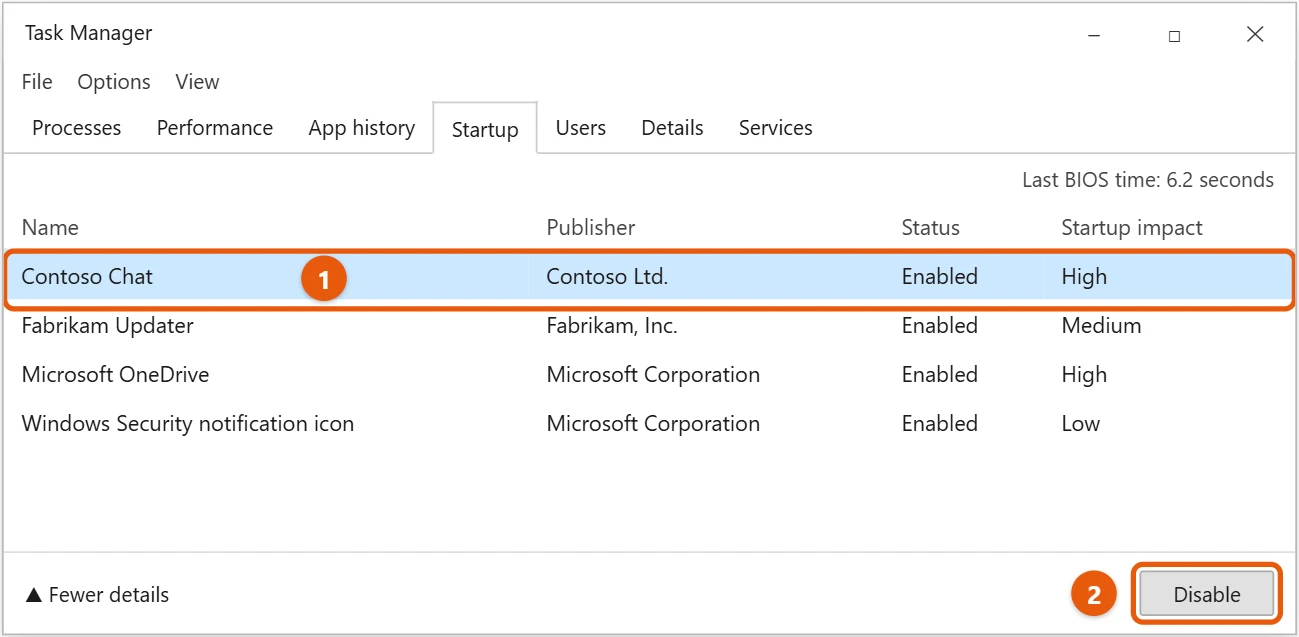 How to Disable Startup Programs in Windows 10 1 Windows 10 Task Manager Startup tab with a program selected and the Disable button highlighted