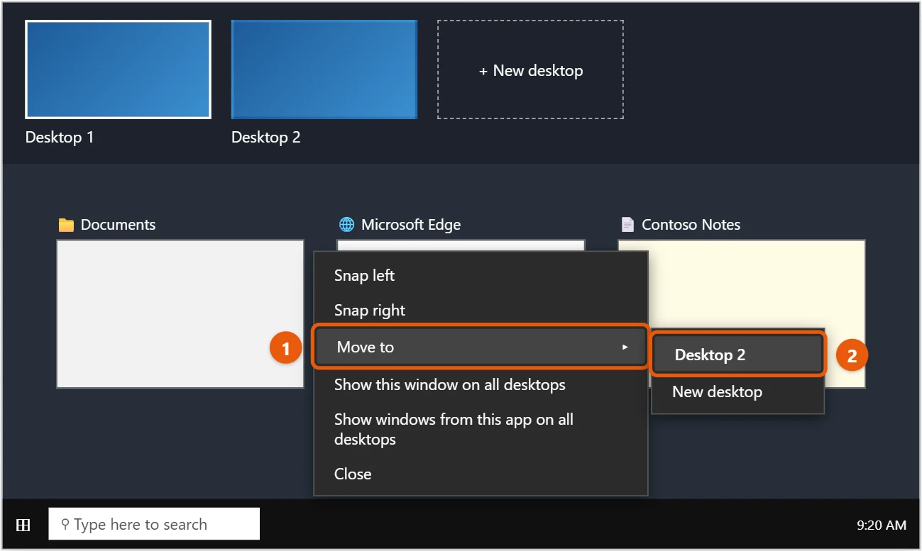 How to Use Virtual Desktops in Windows 10 2 Windows 10 Task View right-click menu on a window with Move to and Desktop 2 highlighted