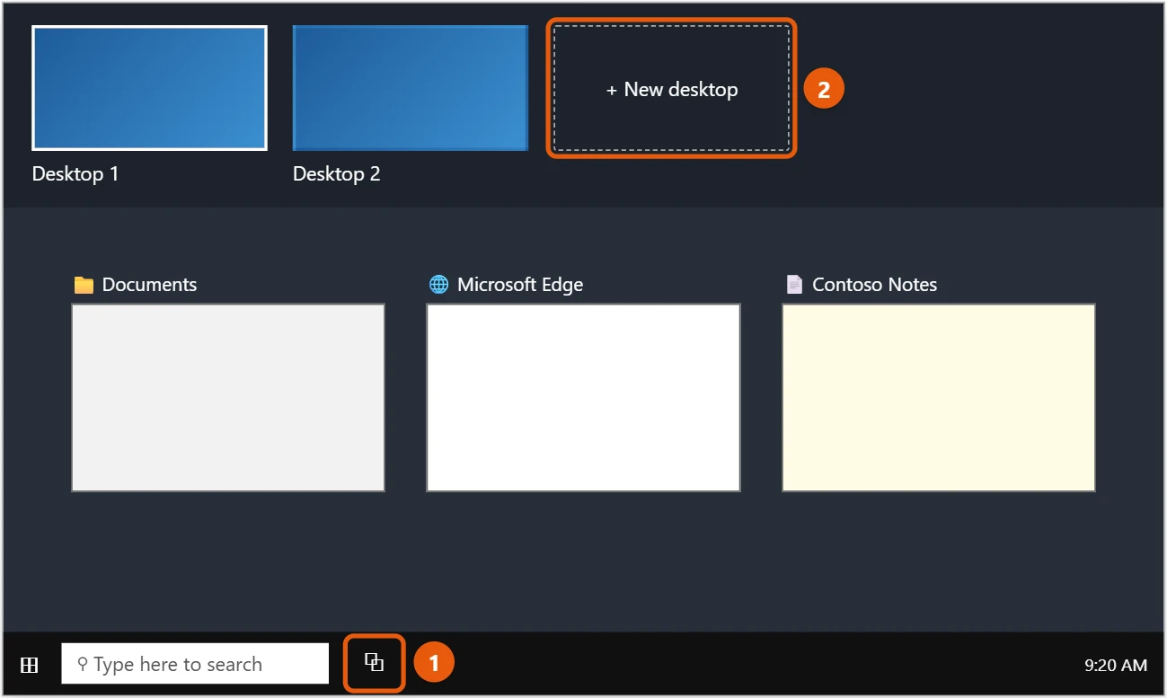 How to Use Virtual Desktops in Windows 10 1 Windows 10 Task View with the desktops bar and the New desktop button highlighted