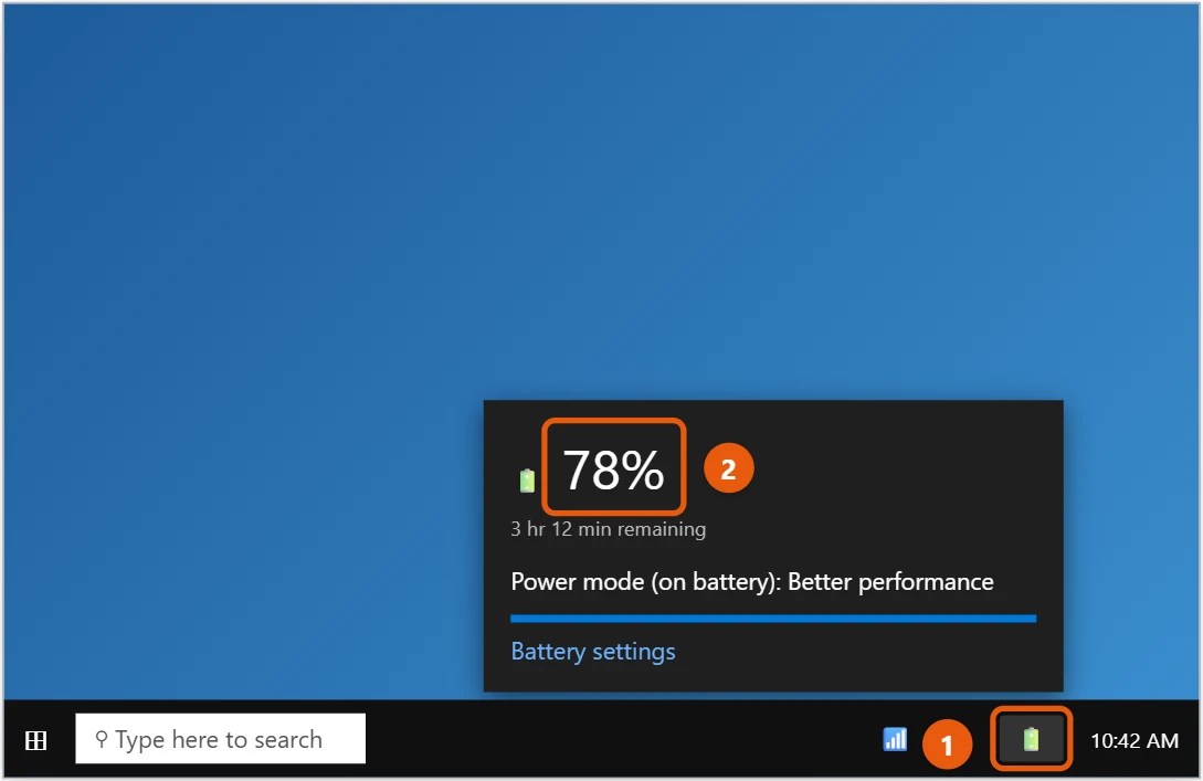 How to Show Battery Percentage in Windows 10 1 Windows 10 taskbar battery icon and battery box showing 78 percent highlighted