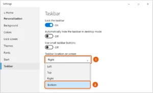 Windows 10 Taskbar settings with the Taskbar location on screen list open and Bottom highlighted