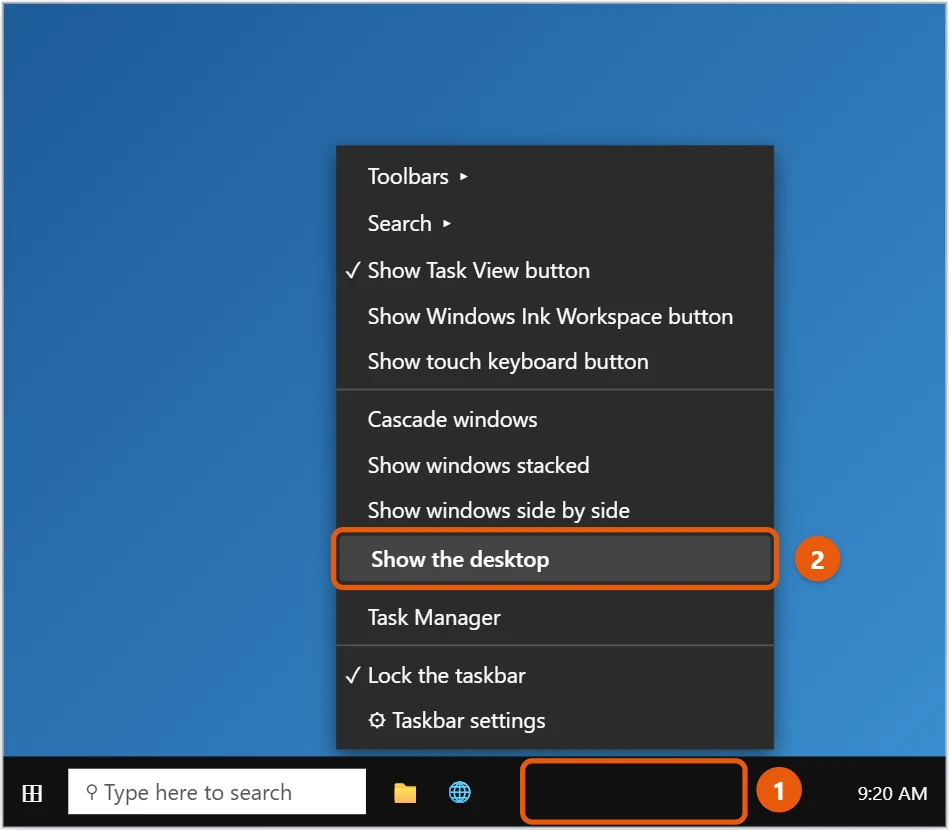 How to Show the Desktop in Windows 10 2 Windows 10 taskbar right-click menu with Show the desktop highlighted