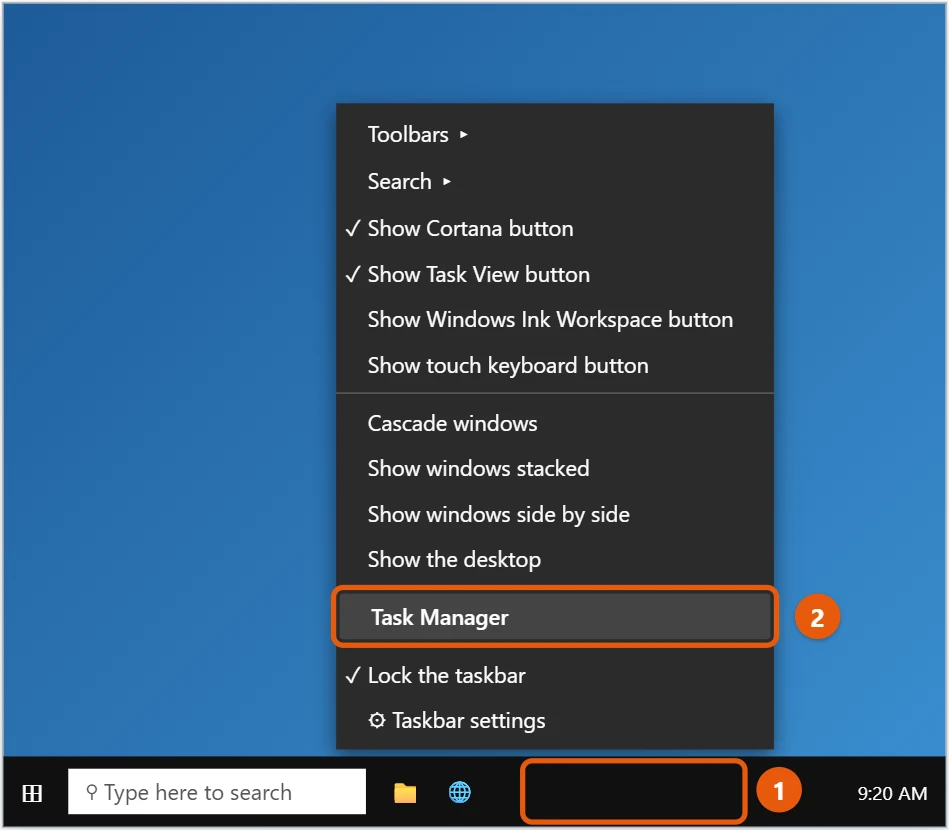 How to Open Task Manager in Windows 10 1 Windows 10 taskbar right-click menu with Task Manager highlighted