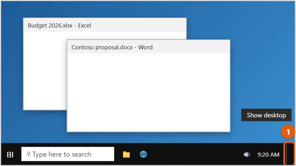 How to Show the Desktop in Windows 10 1 Windows 10 taskbar with the Show desktop button at the far right highlighted