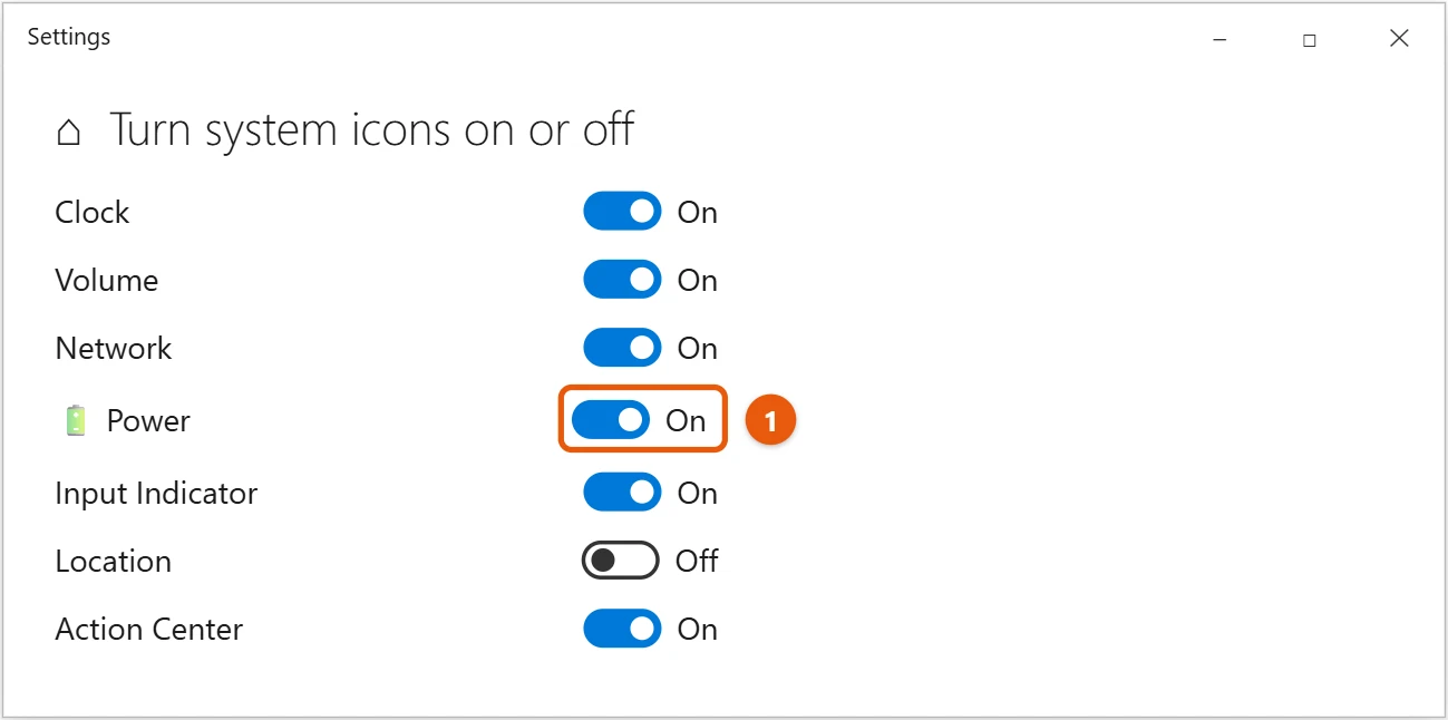 How to Show Battery Percentage in Windows 10 2 Windows 10 Turn system icons on or off page with the Power switch highlighted