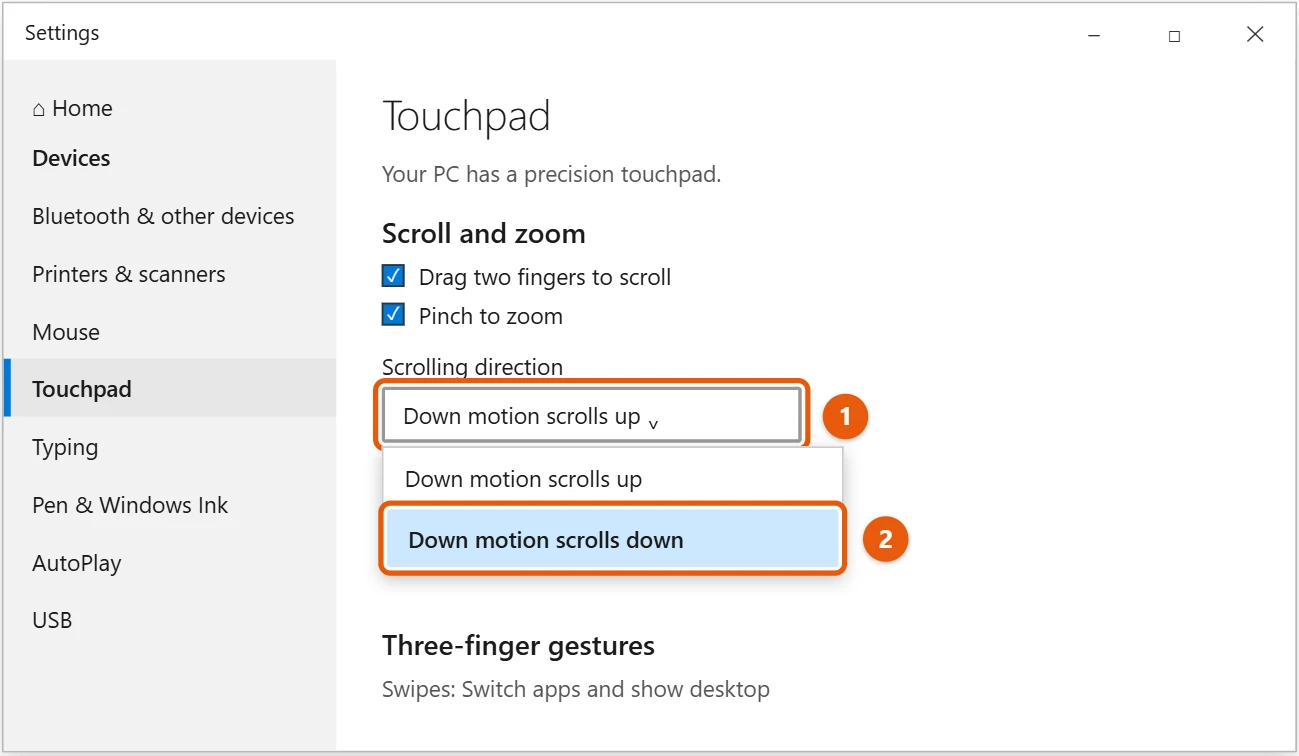 How to Reverse Scroll Direction in Windows 10 1 Windows 10 Settings Touchpad page with the Scrolling direction list open and Down motion scrolls down highlighted