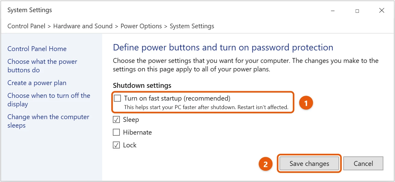 How to Turn Fast Startup On or Off in Windows 10 2 Windows 10 Shutdown settings with the Turn on fast startup checkbox and Save changes button highlighted