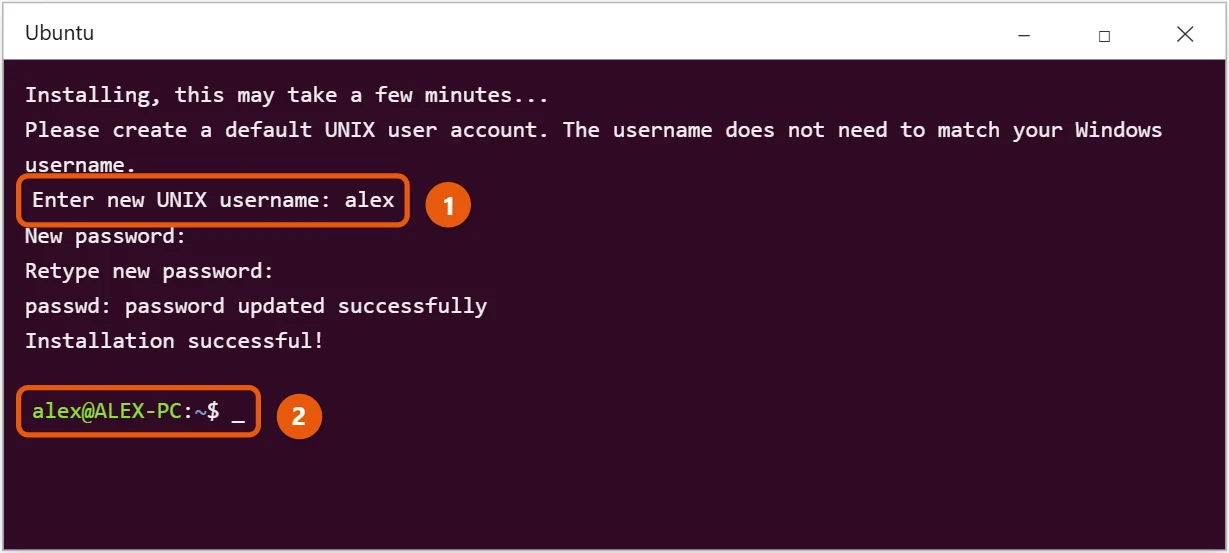 How to Install WSL (Linux) on Windows 10 2 Ubuntu console on Windows 10 asking for a new UNIX username with the prompt highlighted