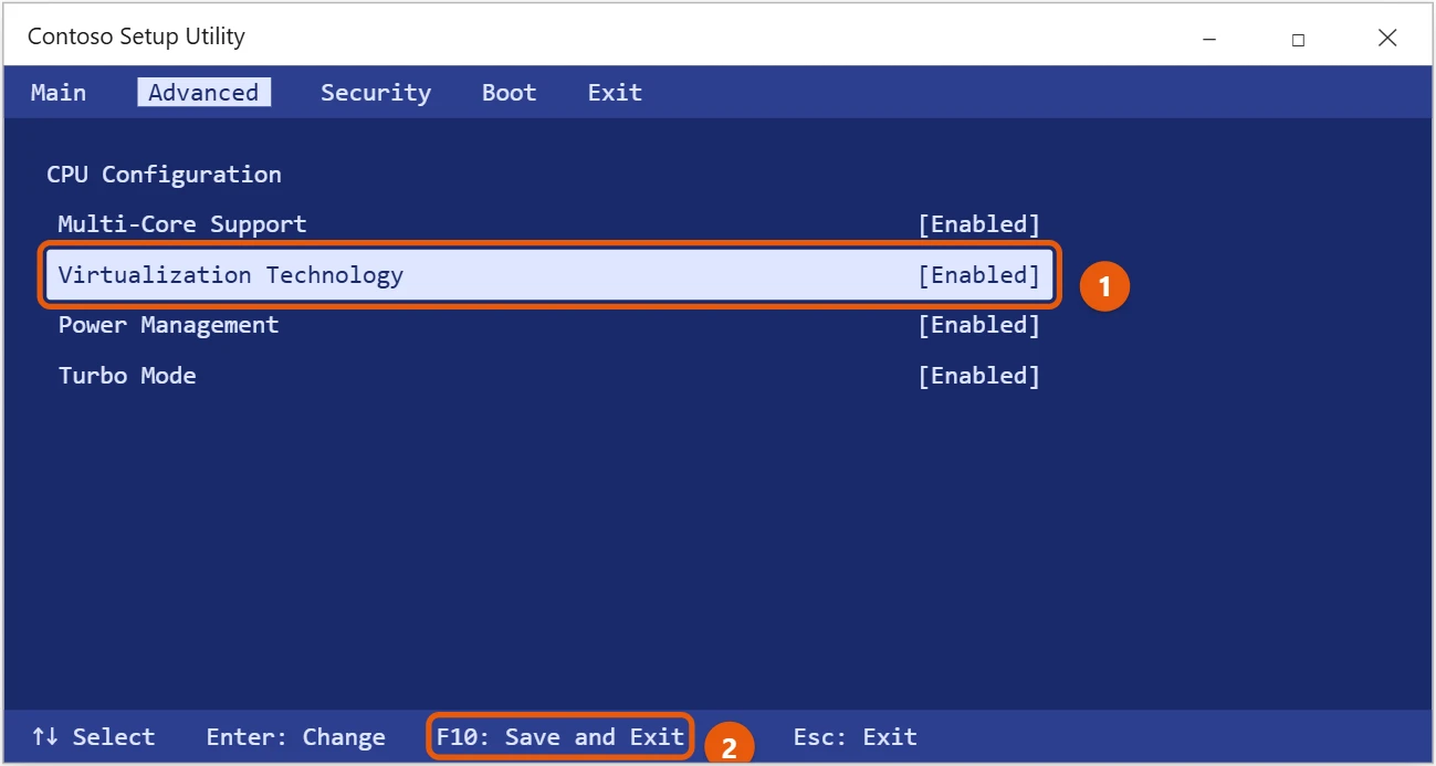 How to Enable Virtualization on Windows 10 2 Example PC setup utility with Virtualization Technology set to Enabled and the save and exit key highlighted
