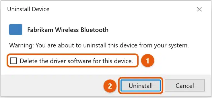 How to Reinstall the Bluetooth Driver in Windows 10 1 Windows 10 Uninstall Device dialog for a Bluetooth adapter with the Delete the driver software option and the Uninstall button highlighted