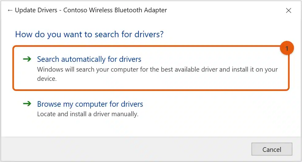 How to Update or Install the Bluetooth Driver in Windows 10 2 Windows 10 Update Drivers window with Search automatically for drivers highlighted