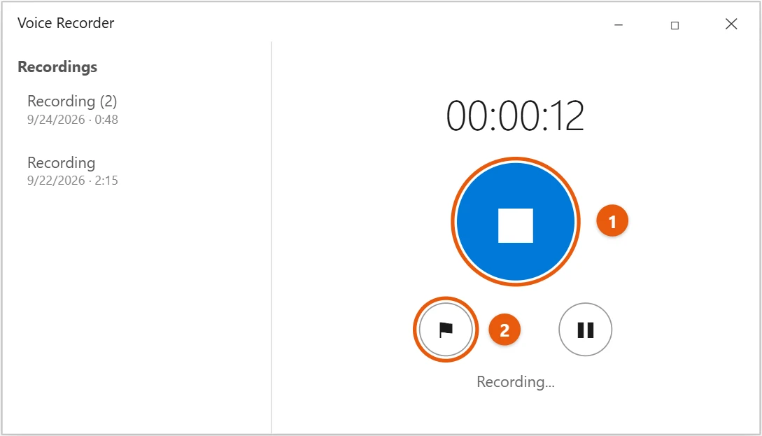 How to Record Audio in Windows 10 (Voice Recorder) 2 Windows 10 Voice Recorder recording in progress with the Stop and marker buttons highlighted