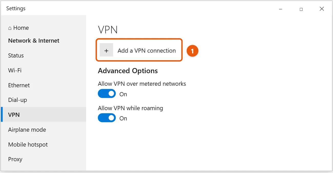 How to Set Up a VPN on Windows 10 1 Windows 10 Network and Internet VPN settings with Add a VPN connection highlighted