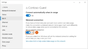 Windows 10 Wi-Fi network settings with Set as metered connection turned on