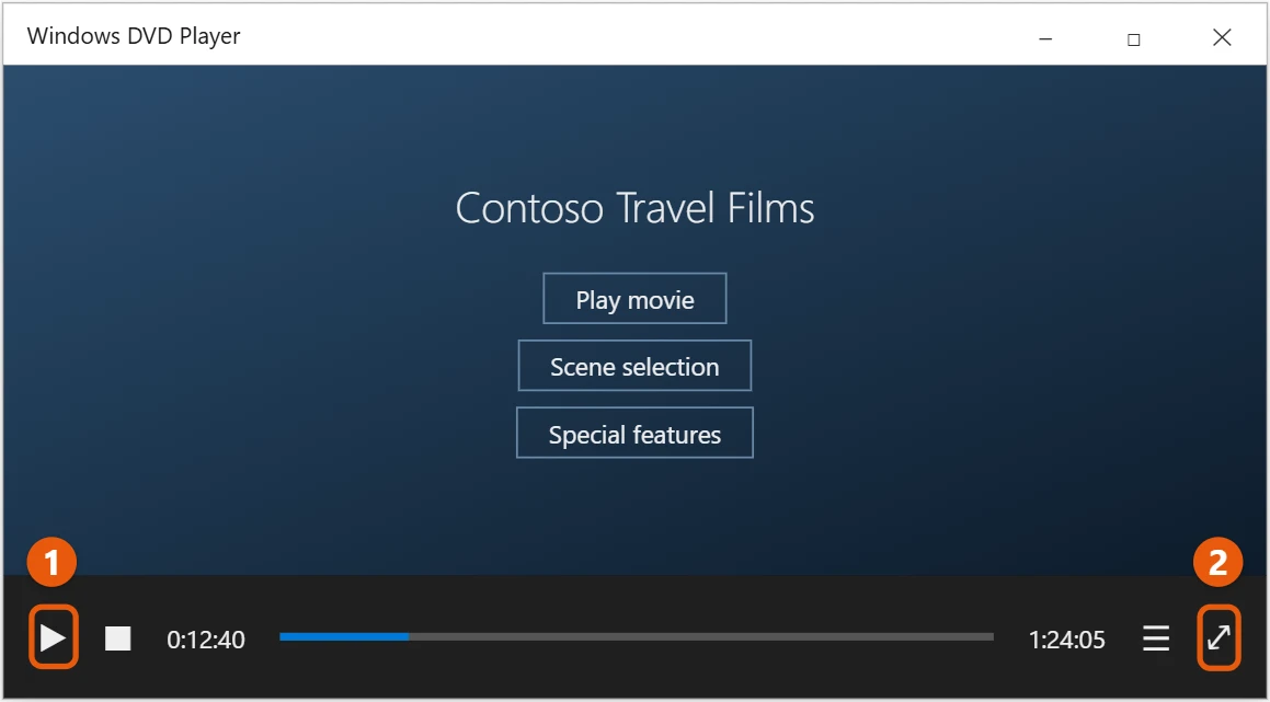 How to Play DVDs on Windows 10 2 Windows DVD Player app playing a fictional disc with the play and full screen buttons highlighted