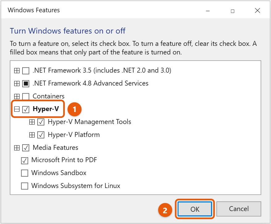 How to Enable Hyper-V in Windows 10 1 Windows 10 Windows Features window with Hyper-V checked and the OK button highlighted