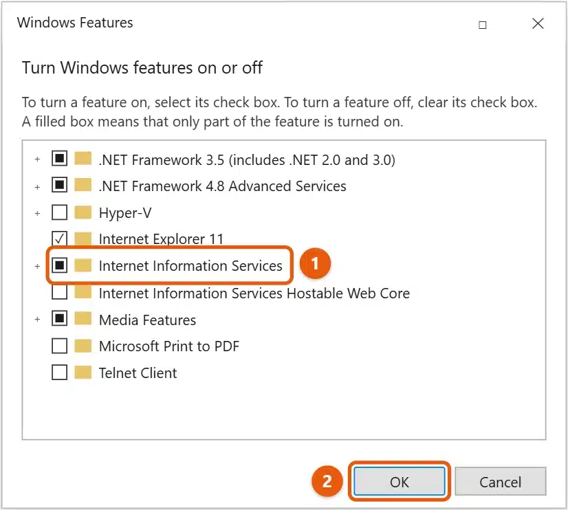 How to Enable IIS in Windows 10 1 Windows 10 Windows Features dialog with Internet Information Services checked and the OK button highlighted