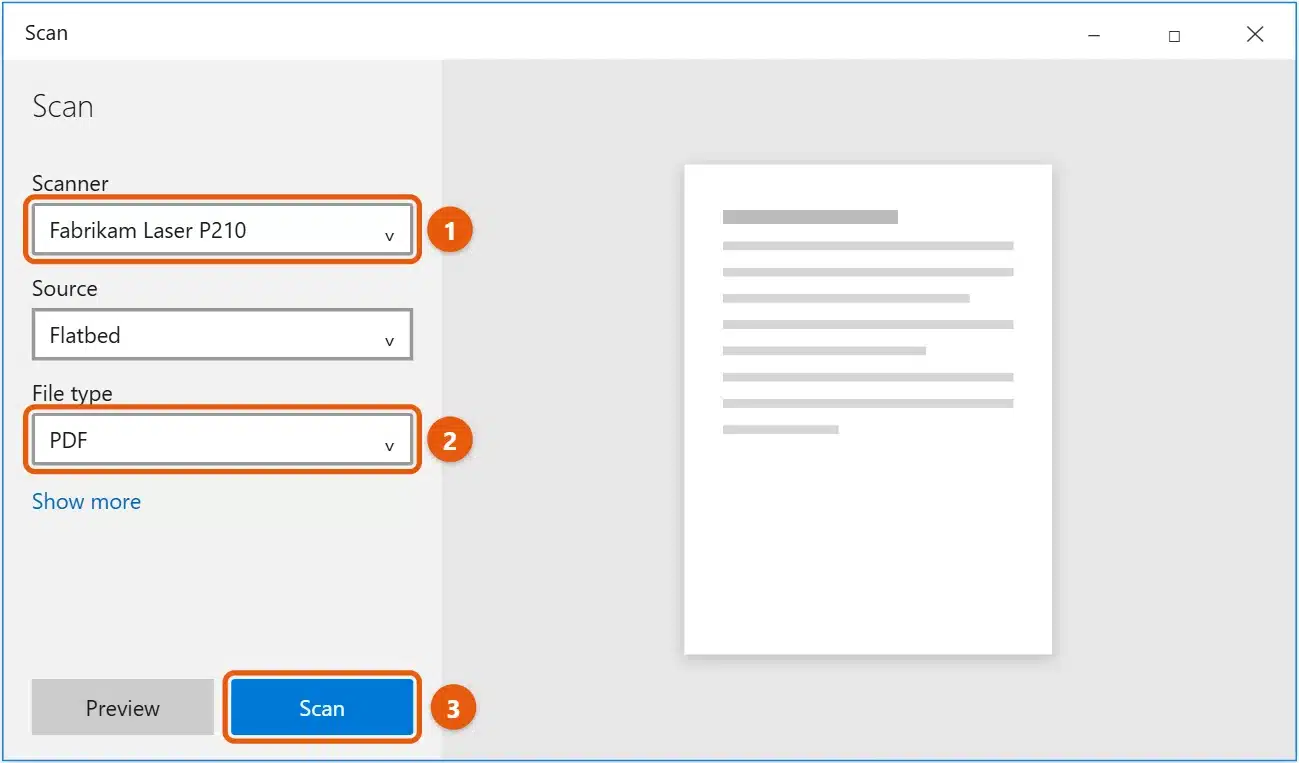 How to Scan From a Printer to a Computer in Windows 10 1 Windows Scan app with a scanner selected, File type set to PDF, and the Scan button highlighted