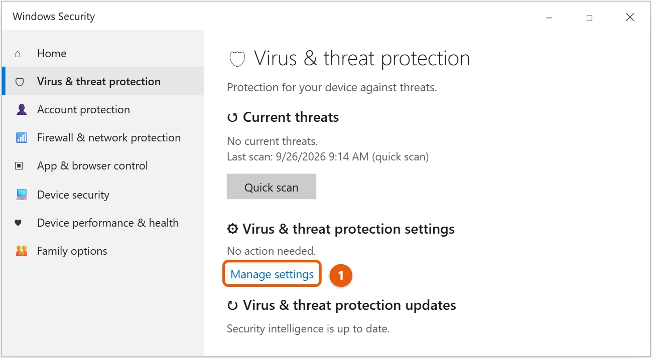 How to Turn Windows Defender On or Off in Windows 10 1 Windows Security Virus and threat protection page with Manage settings highlighted