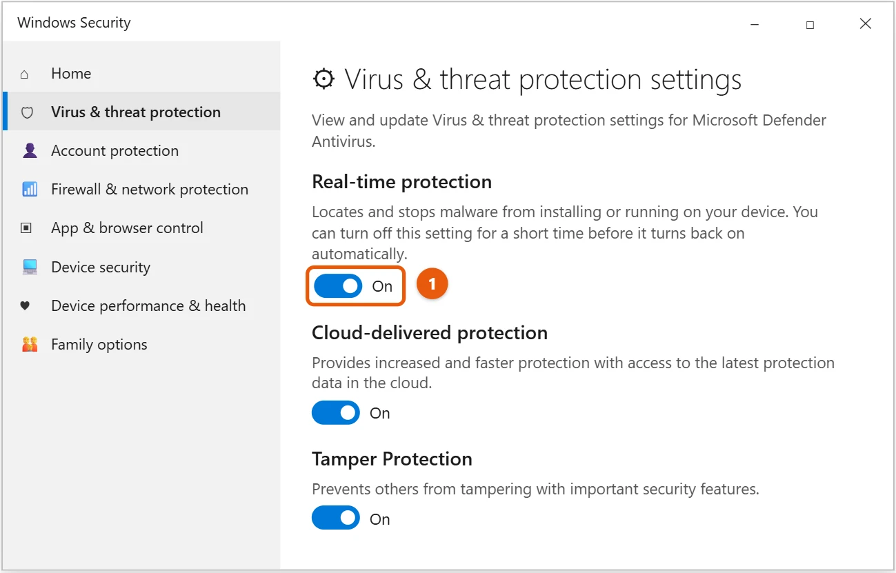 How to Turn Windows Defender On or Off in Windows 10 2 Windows Security Virus and threat protection settings with the Real-time protection switch highlighted