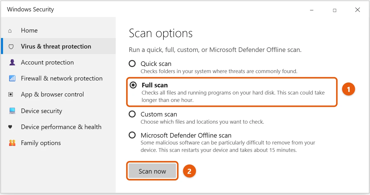 How to Scan for and Remove Malware in Windows 10 2 Windows 10 Windows Security Scan options page with Full scan selected and the Scan now button highlighted