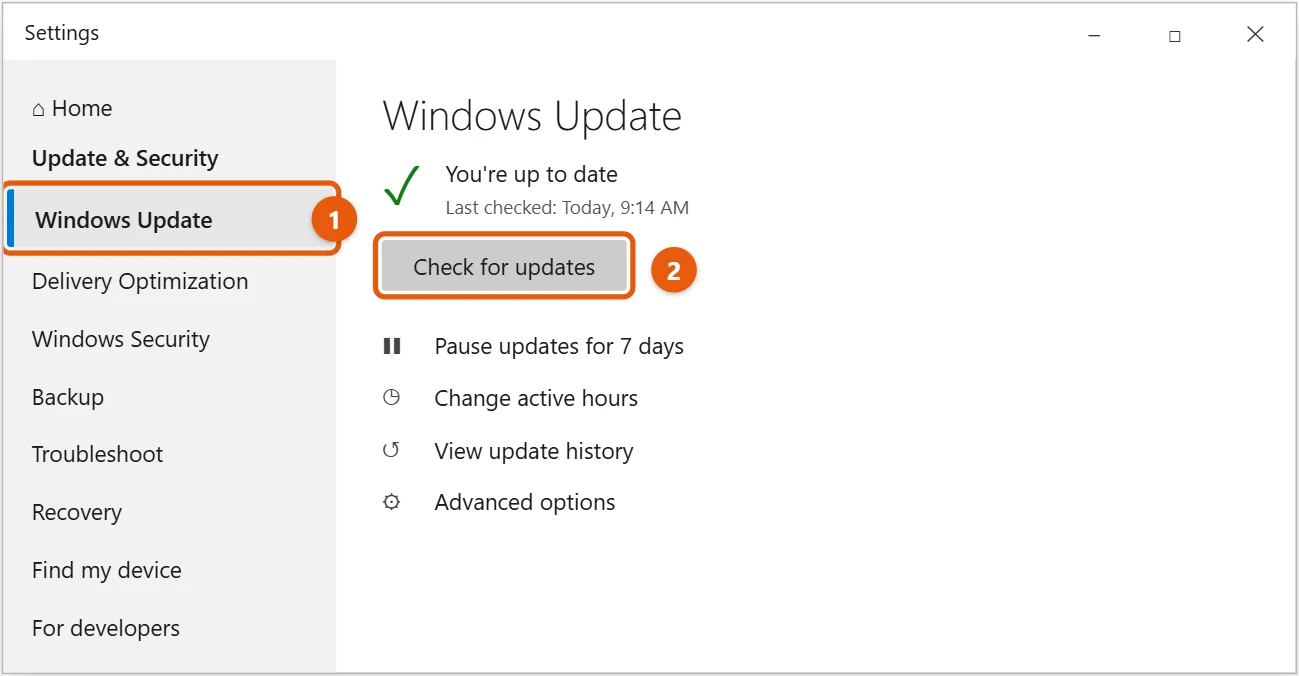 How to Update Windows 10 and Check for Updates 1 Windows 10 Settings Windows Update page with the Check for updates button highlighted