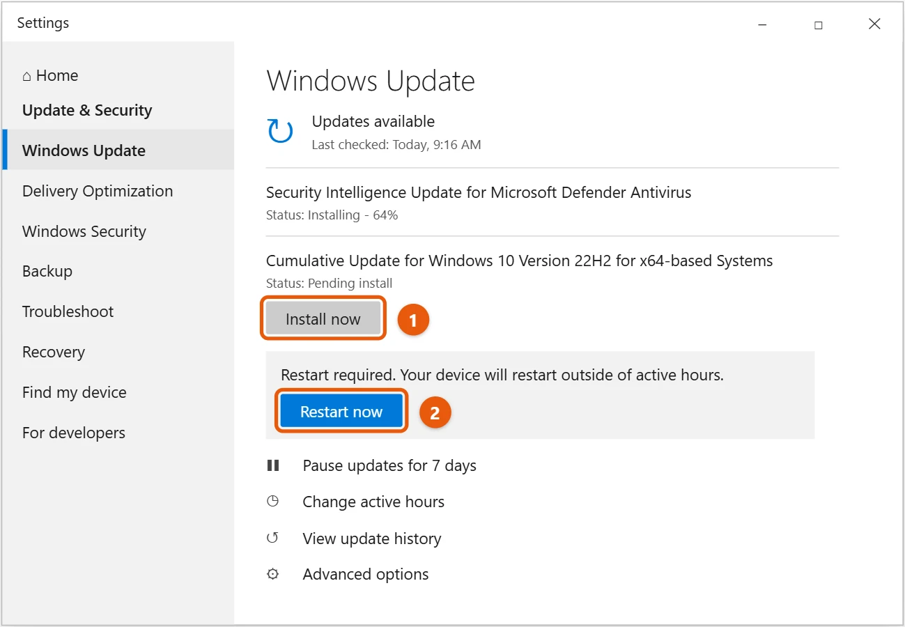 How to Update Windows 10 and Check for Updates 2 Windows 10 Windows Update page listing available updates with Install now and Restart now highlighted