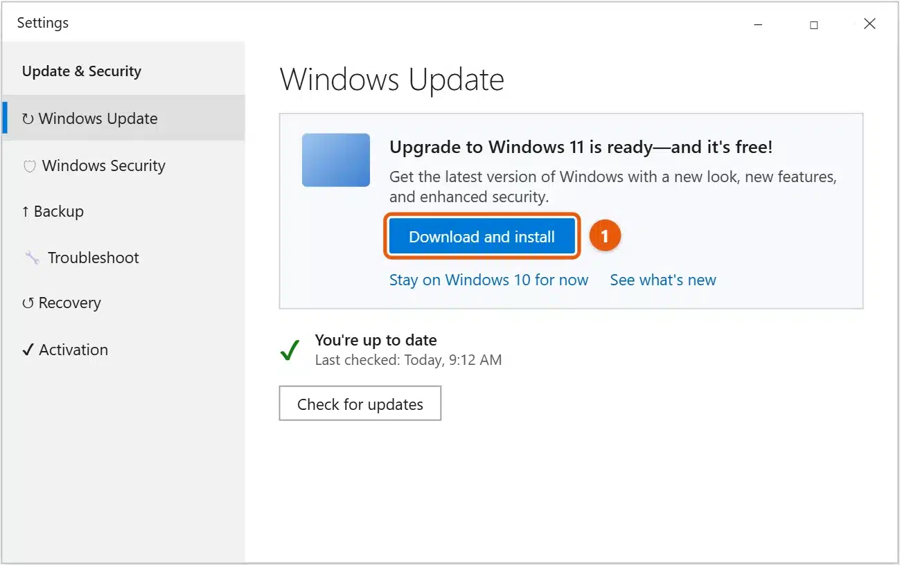 How to Upgrade Windows 10 to Windows 11 1 Windows 10 Settings Windows Update page showing the free Windows 11 upgrade offer with the Download and install button highlighted