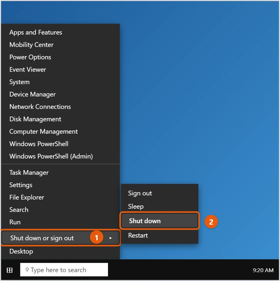 How to Shut Down Windows 10 1 Windows 10 menu on the Start button with Shut down or sign out and Shut down highlighted