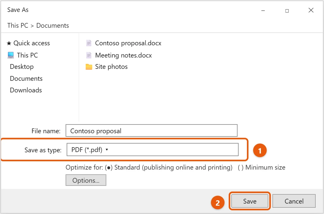 How to Convert Word to PDF in Windows 10 1 Word Save As dialog in Windows 10 with Save as type set to PDF and Save highlighted