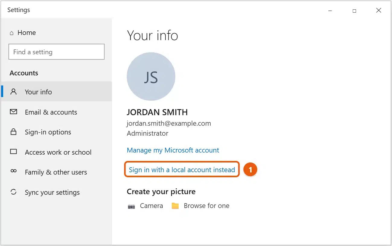 How to Remove a Microsoft Account from Windows 10 1 Windows 10 Settings, Accounts, Your info with Sign in with a local account instead highlighted