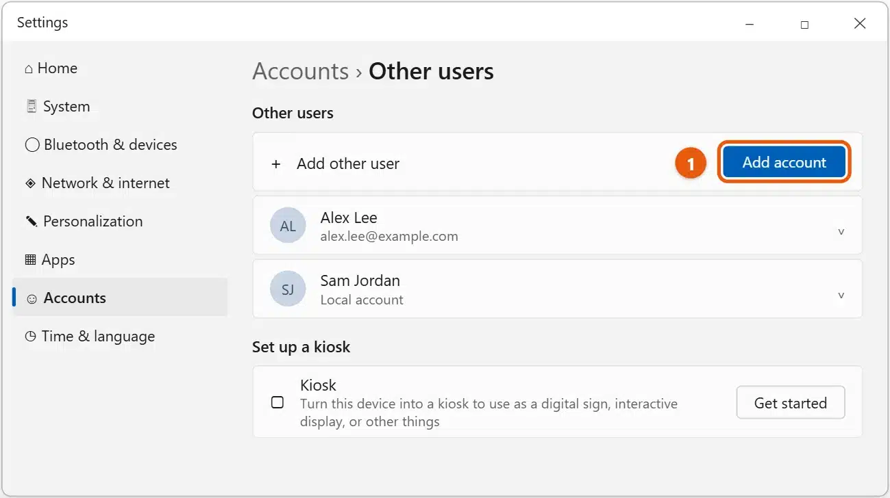 How to Add Another User in Windows 11 1 Windows 11 Settings, Accounts, Other users page with the Add account button highlighted