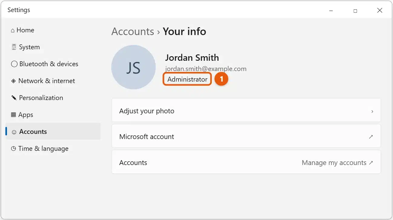 How to Log In as an Administrator in Windows 11 1 Windows 11 Settings, Accounts, Your info page with Administrator shown under the account name
