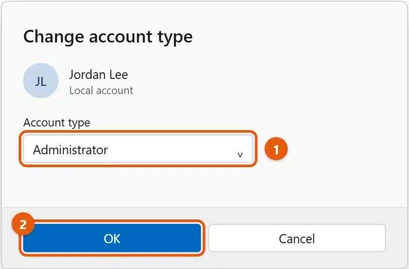 How to Log In as an Administrator in Windows 11 2 Windows 11 Change account type dialog for a local account with Administrator selected and the OK button highlighted