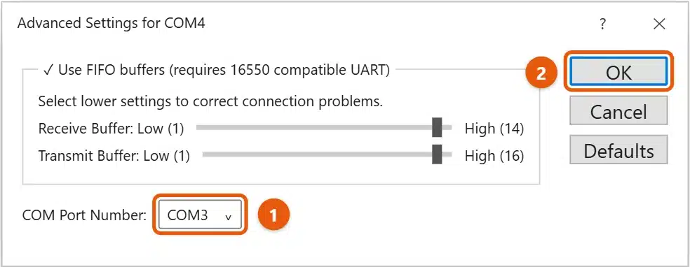 How to Check COM Ports in Windows 11 2 Windows Advanced Settings for COM4 dialog with the COM Port Number list set to COM3 and the OK button highlighted