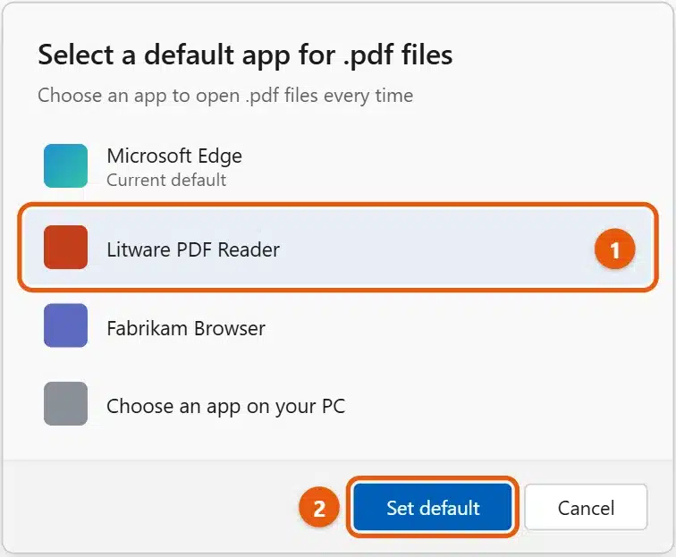 How to Change the Default PDF Viewer in Windows 11 2 Windows 11 dialog to select a default app for .pdf files with a PDF reader selected and the Set default button highlighted