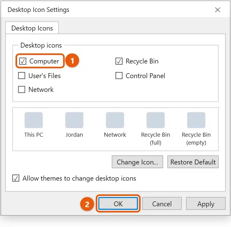 How to Show This PC (My Computer) on the Desktop in Windows 11 1 Windows 11 Desktop Icon Settings dialog with the Computer check box selected to add This PC to the desktop