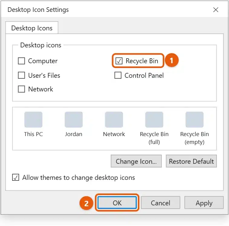Where Is the Recycle Bin in Windows 11? 1 Windows 11 Desktop Icon Settings dialog with the Recycle Bin check box selected and the OK button highlighted