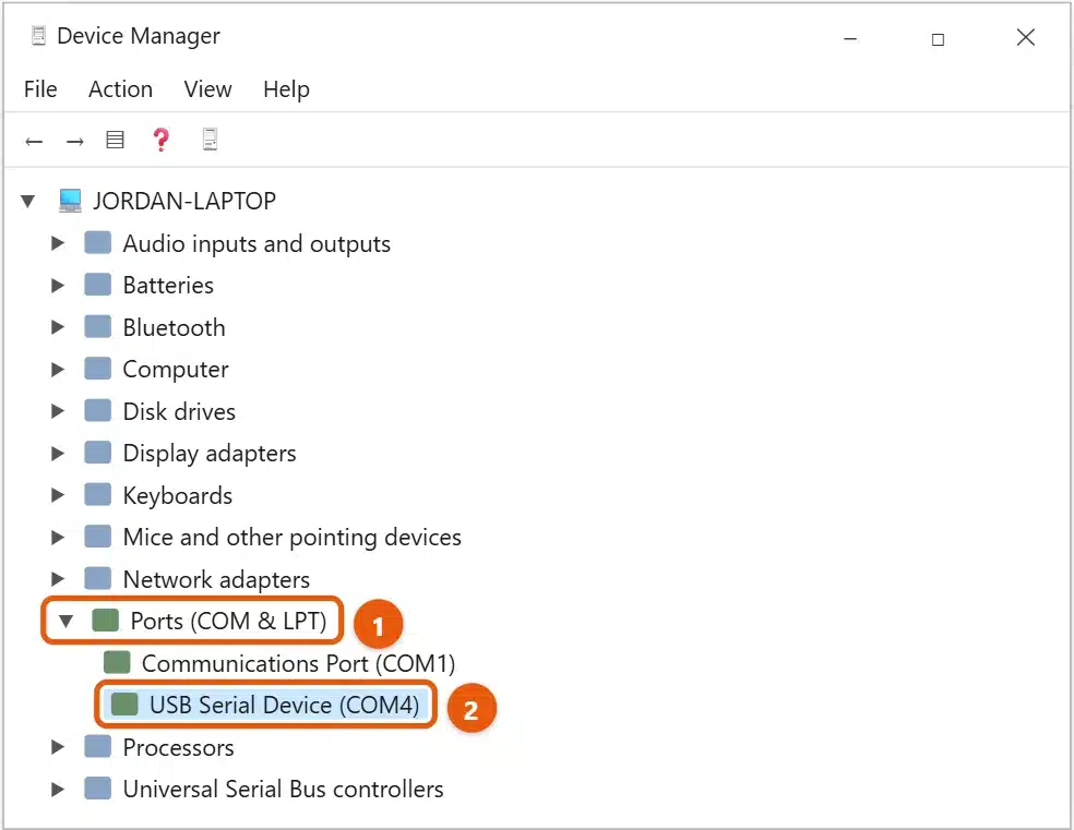 How to Check COM Ports in Windows 11 1 Windows 11 Device Manager with Ports (COM and LPT) expanded and USB Serial Device (COM4) highlighted