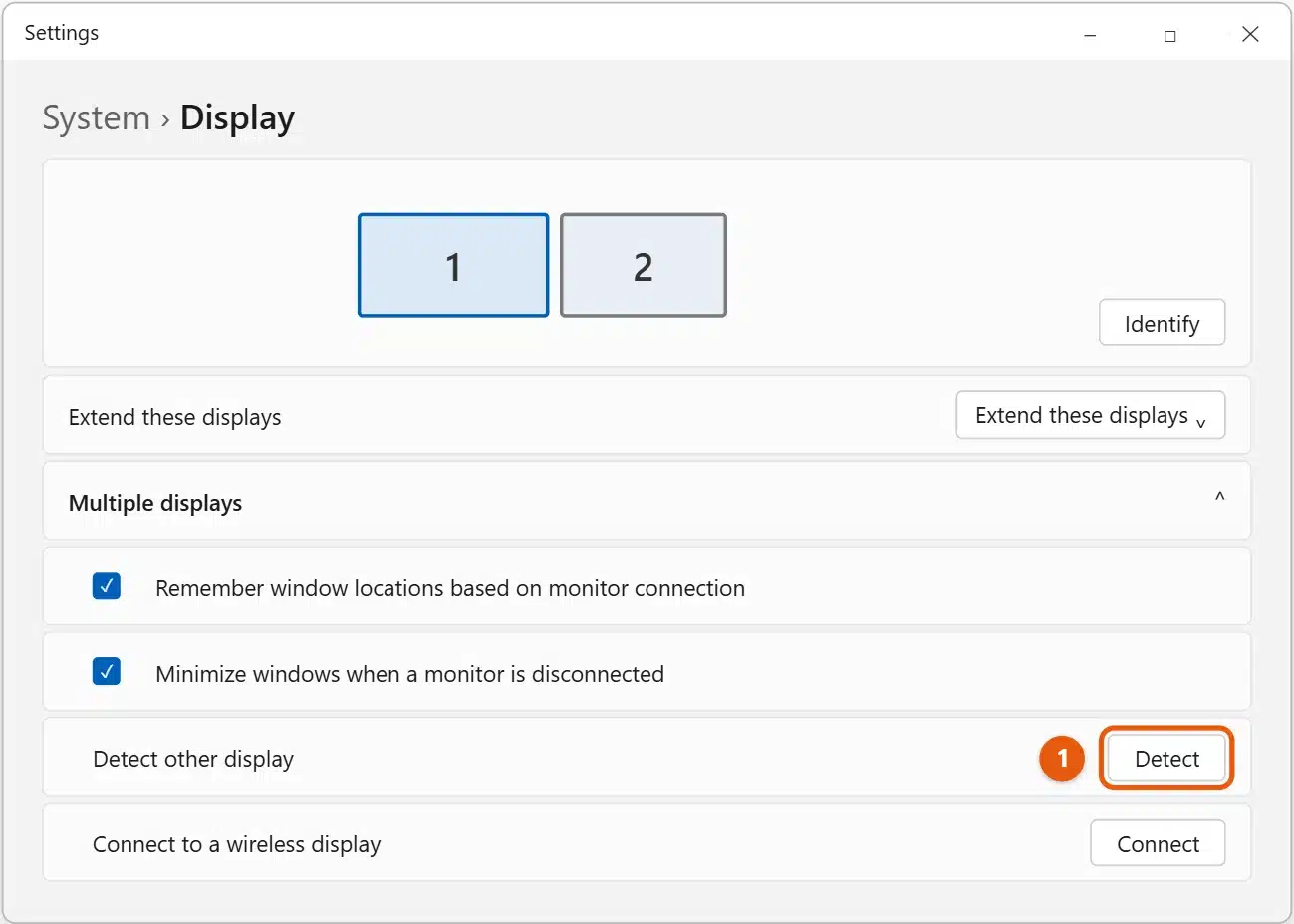 How to Set Up Multiple Monitors in Windows 11 1 Windows 11 Settings Display page with Multiple displays expanded and the Detect button highlighted